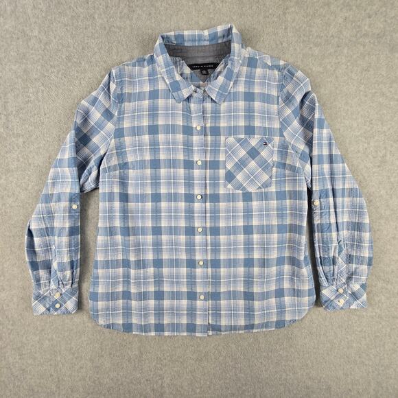 Tommy Hilfiger Shirt Womens Size XL Roll Tab Sleeves Blue Plaid Button Down - Picture 5 of 16